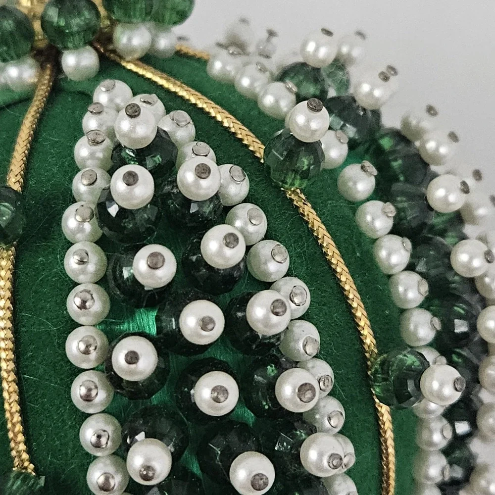 Vintage Satin Velvet Beaded Sequin Push Pin Christmas Tree Ornament Green